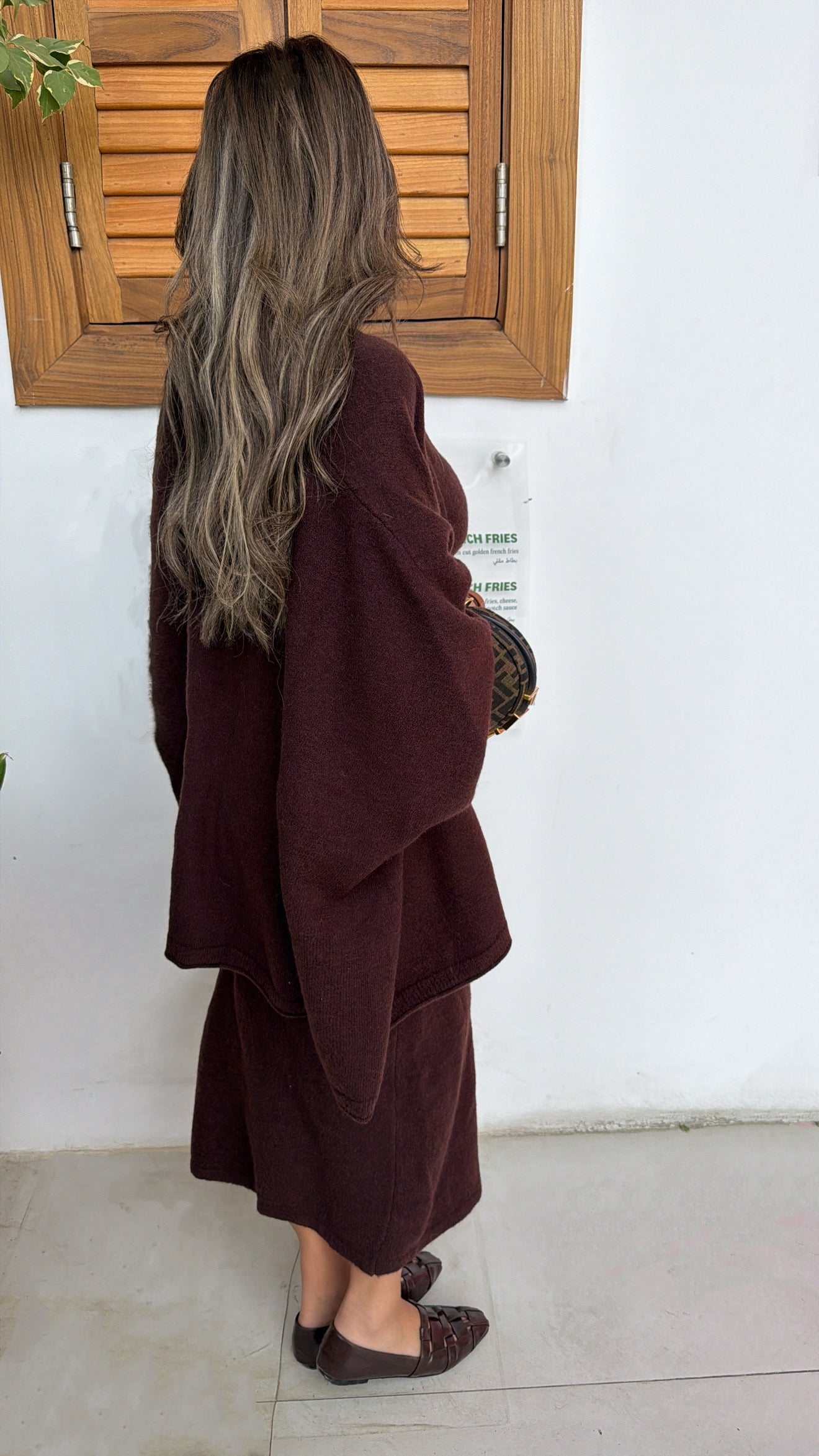 Knit dress + jacket set in dark brown