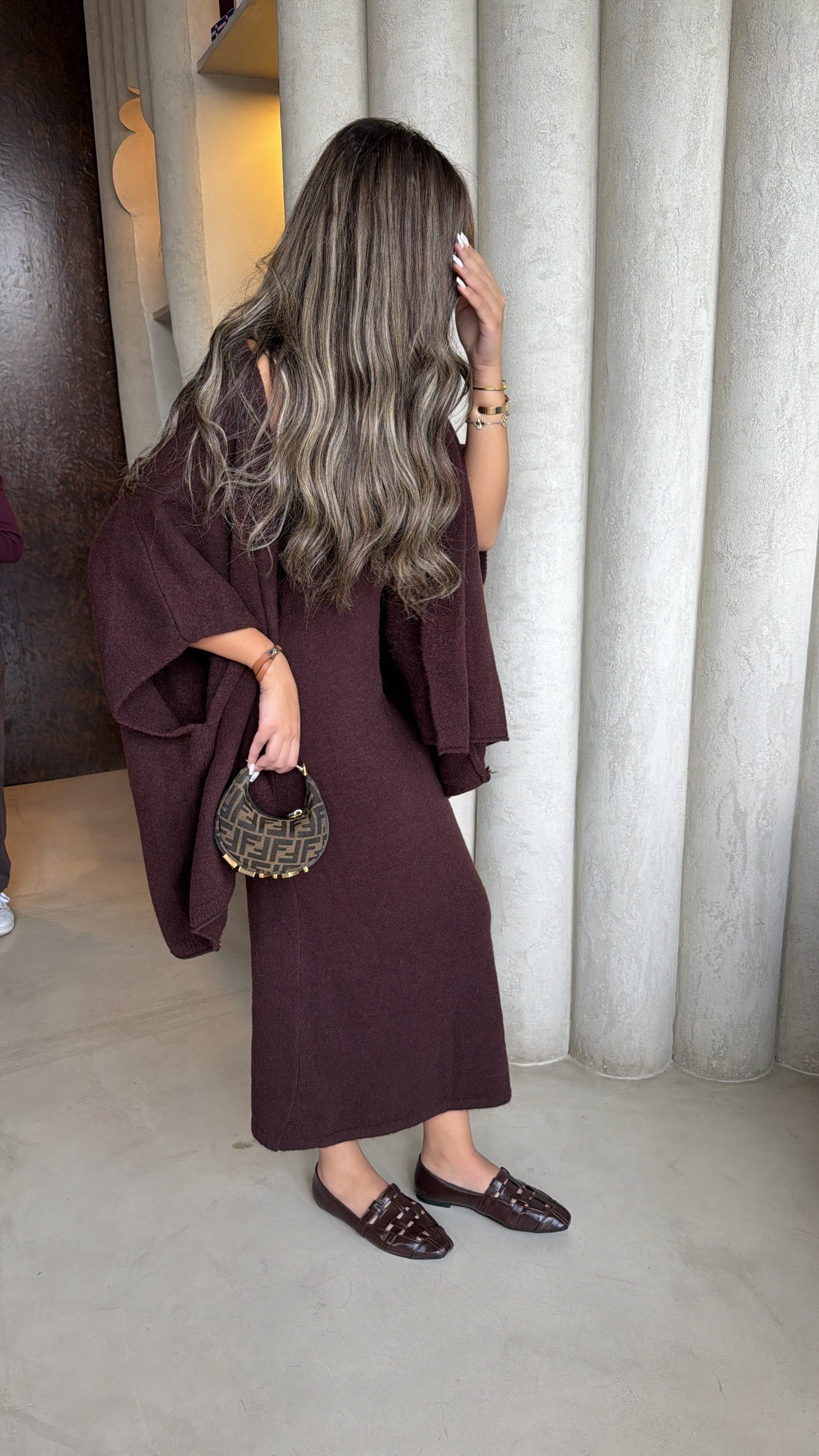 Knit dress + jacket set in dark brown