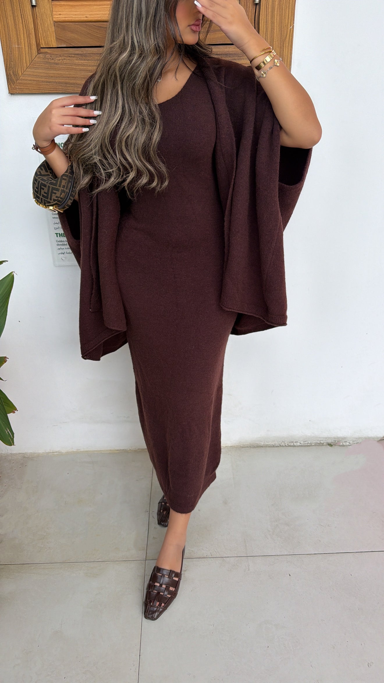 Knit dress + jacket set in dark brown